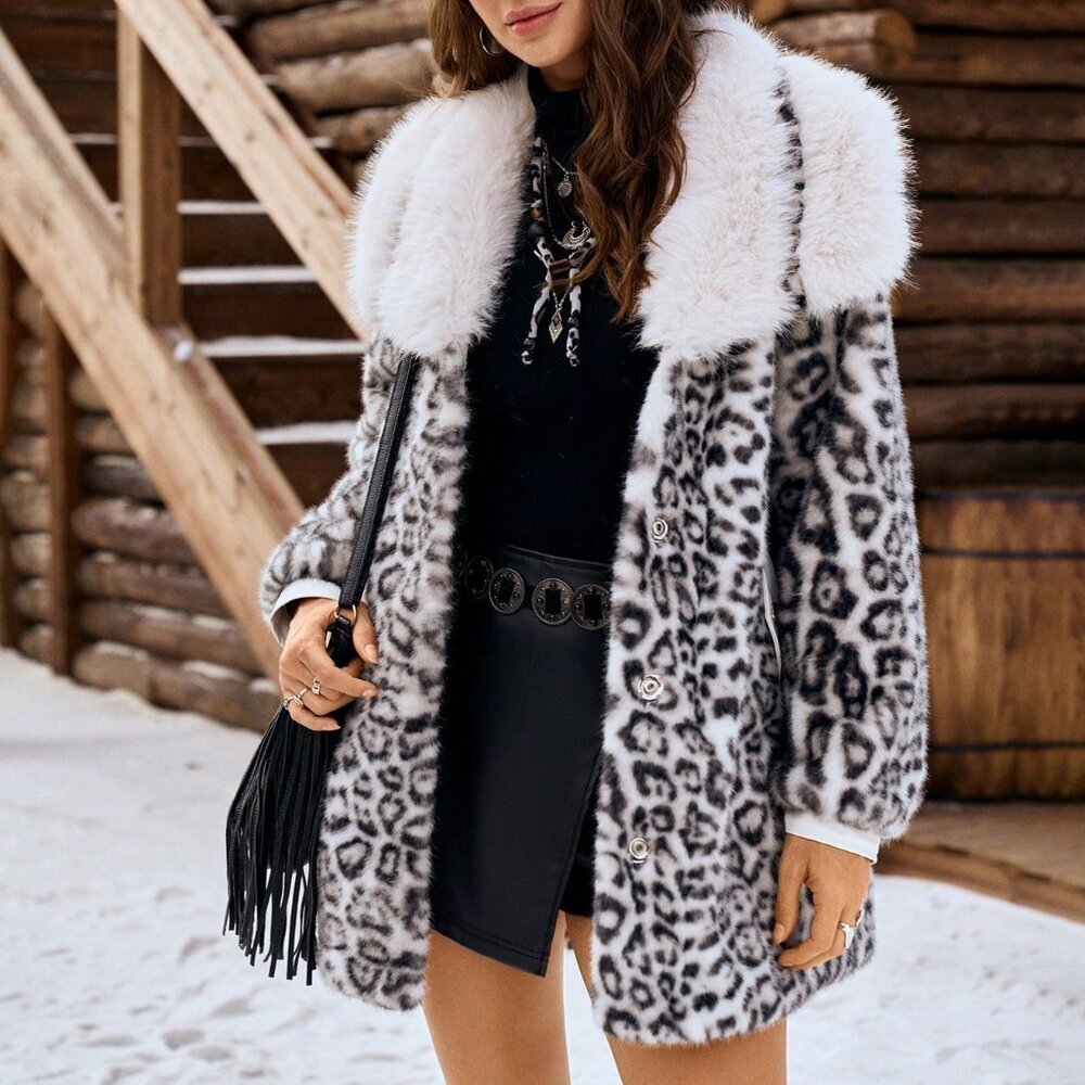 White Casual Women's Faux Fur Leopard Print Long Sleeve Coat